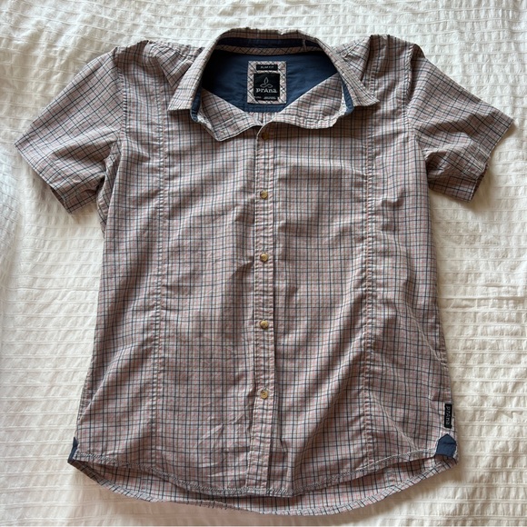 prAna Lukas Slim Fit Button Down Short Sleeve Shirt in Brown and Orange Plaid, L - Picture 3 of 7